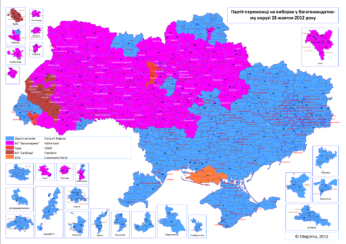 Resultado por regiones de las elecciones legislativas ucranianas de 2012. Fatherland es el partido de Timoshenko. wikipedia